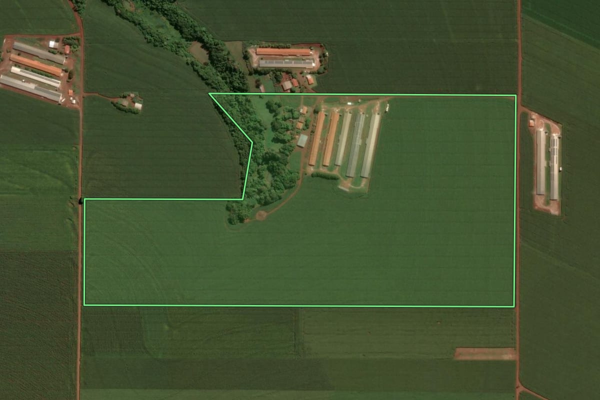 Imagem de satélite do imóvel rural em Assis Chateaubriand (PR), com o contorno declarado no CAR desenhado por cima.