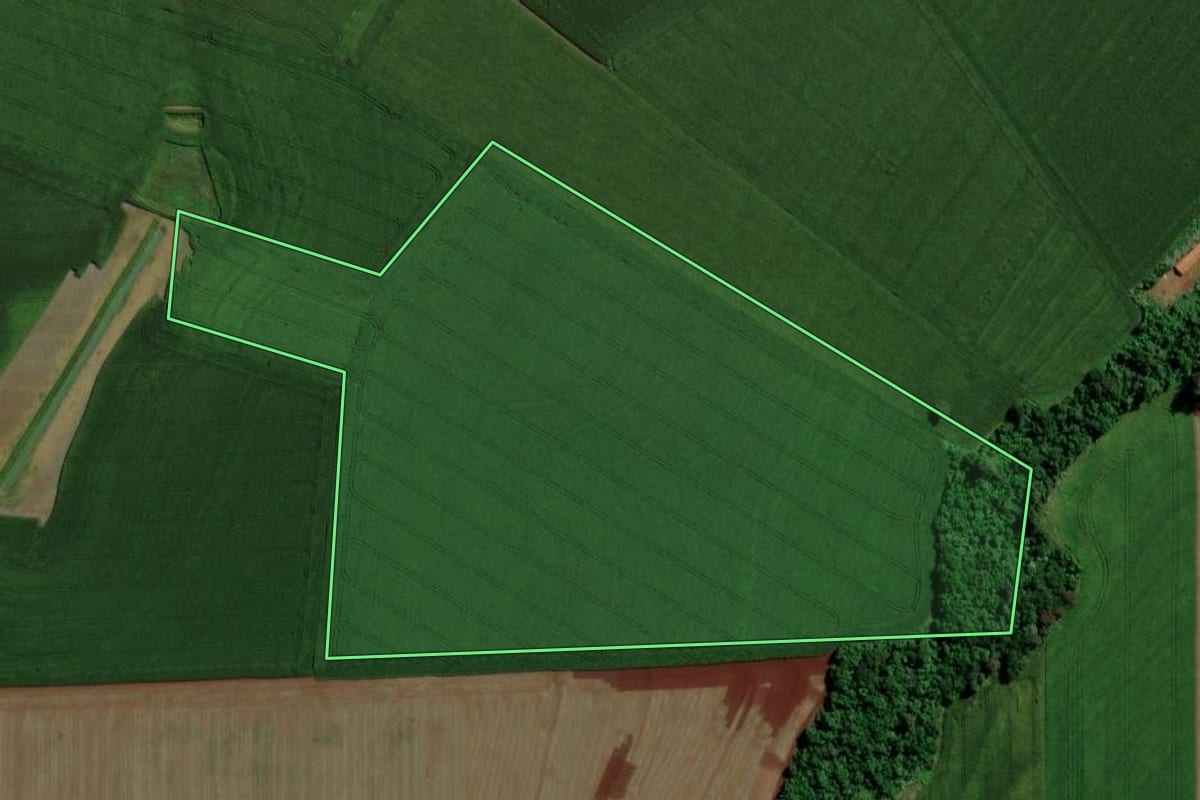 Imagem de satélite do imóvel rural em Assis Chateaubriand (PR), com o contorno declarado no CAR desenhado por cima.