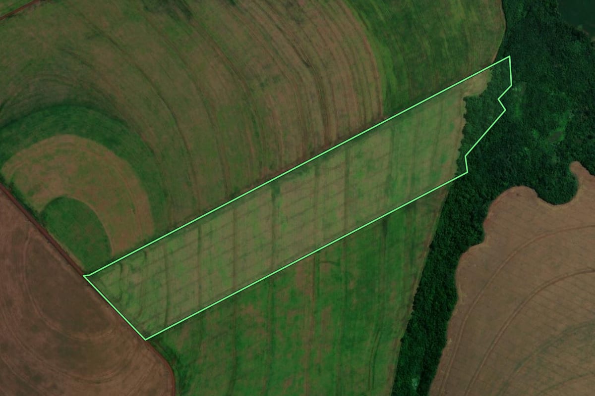 Imagem de satélite do imóvel rural em Assis Chateaubriand (PR), com o contorno declarado no CAR desenhado por cima.