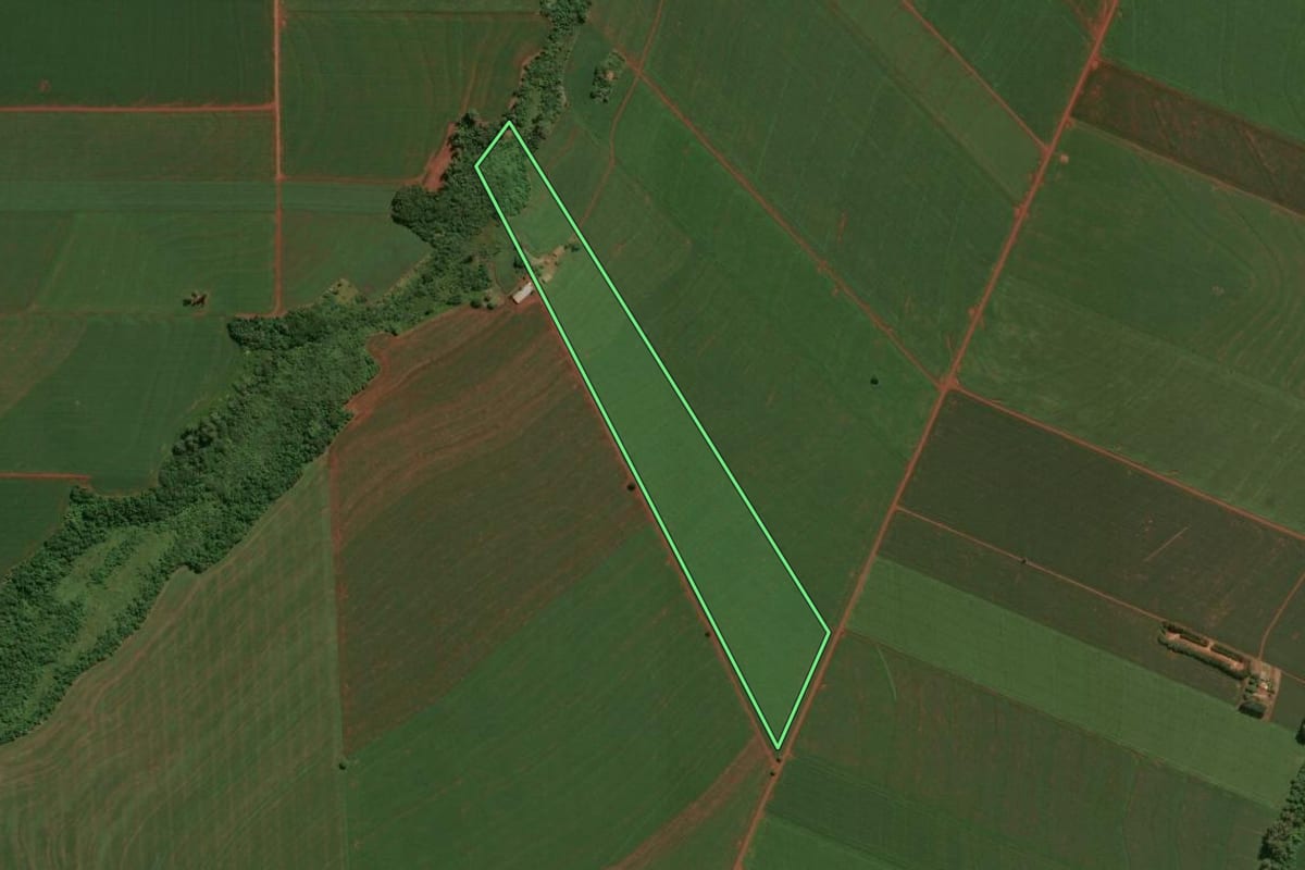 Imagem de satélite do imóvel rural em Assis Chateaubriand (PR), com o contorno declarado no CAR desenhado por cima.
