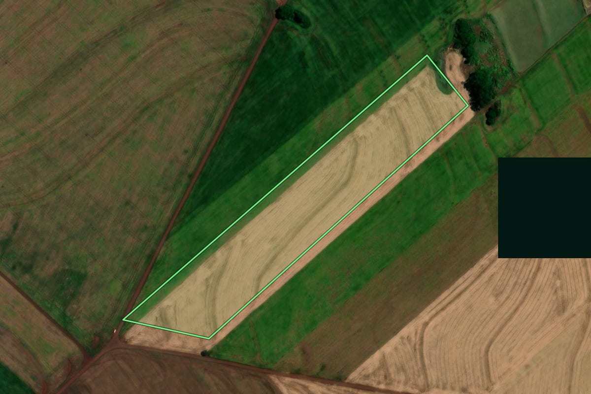 Imagem de satélite do imóvel rural em Assis Chateaubriand (PR), com o contorno declarado no CAR desenhado por cima.