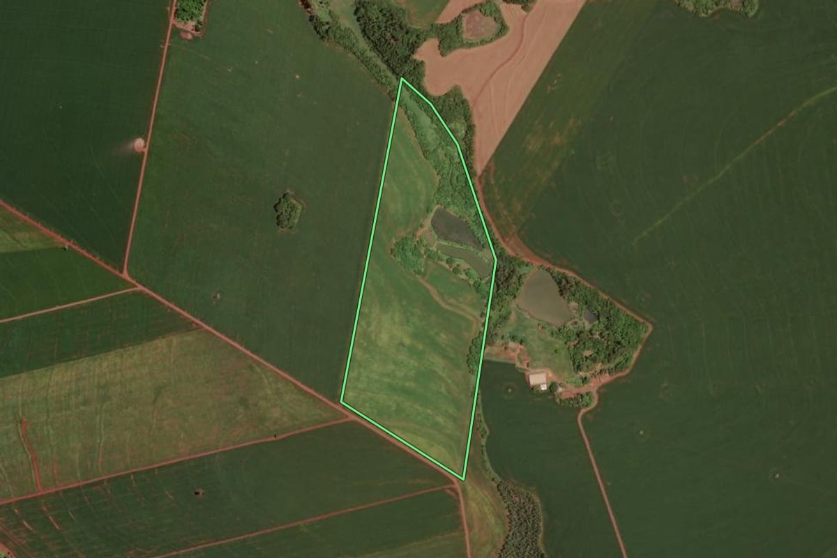 Imagem de satélite do imóvel rural em Assis Chateaubriand (PR), com o contorno declarado no CAR desenhado por cima.