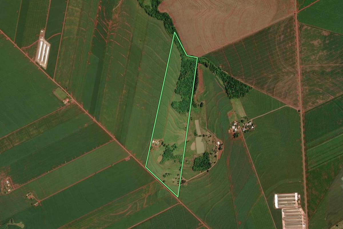 Imagem de satélite do imóvel rural em Assis Chateaubriand (PR), com o contorno declarado no CAR desenhado por cima.