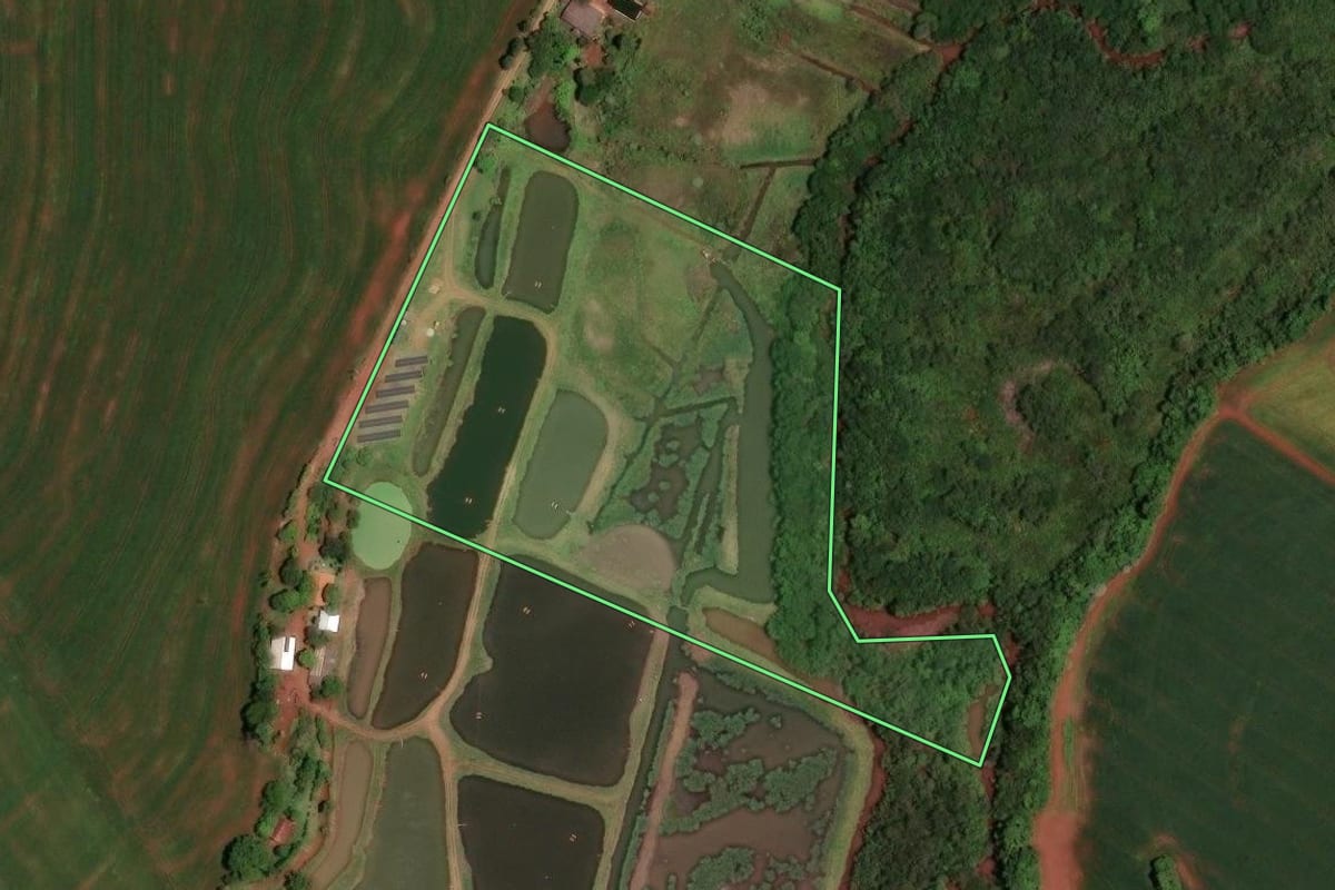 Imagem de satélite do imóvel rural em Assis Chateaubriand (PR), com o contorno declarado no CAR desenhado por cima.