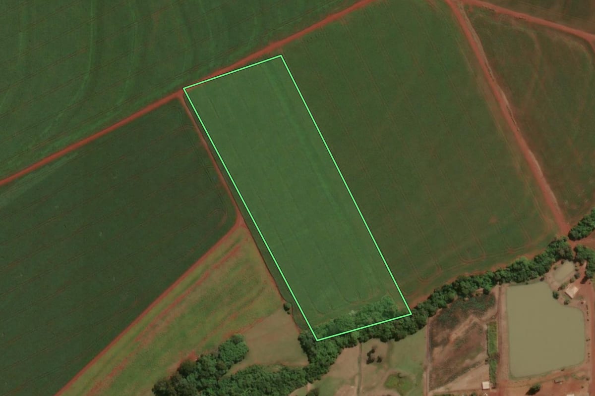 Imagem de satélite do imóvel rural em Assis Chateaubriand (PR), com o contorno declarado no CAR desenhado por cima.