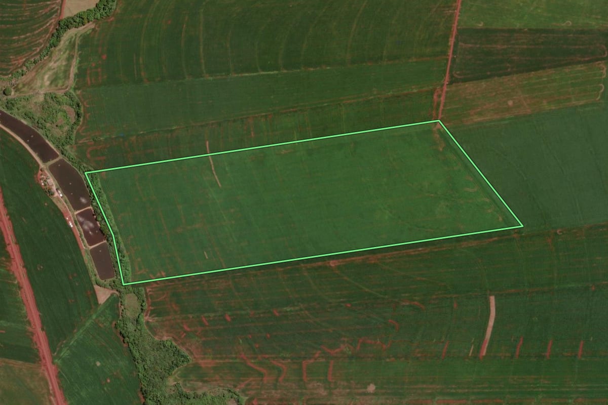Imagem de satélite do imóvel rural em Assis Chateaubriand (PR), com o contorno declarado no CAR desenhado por cima.