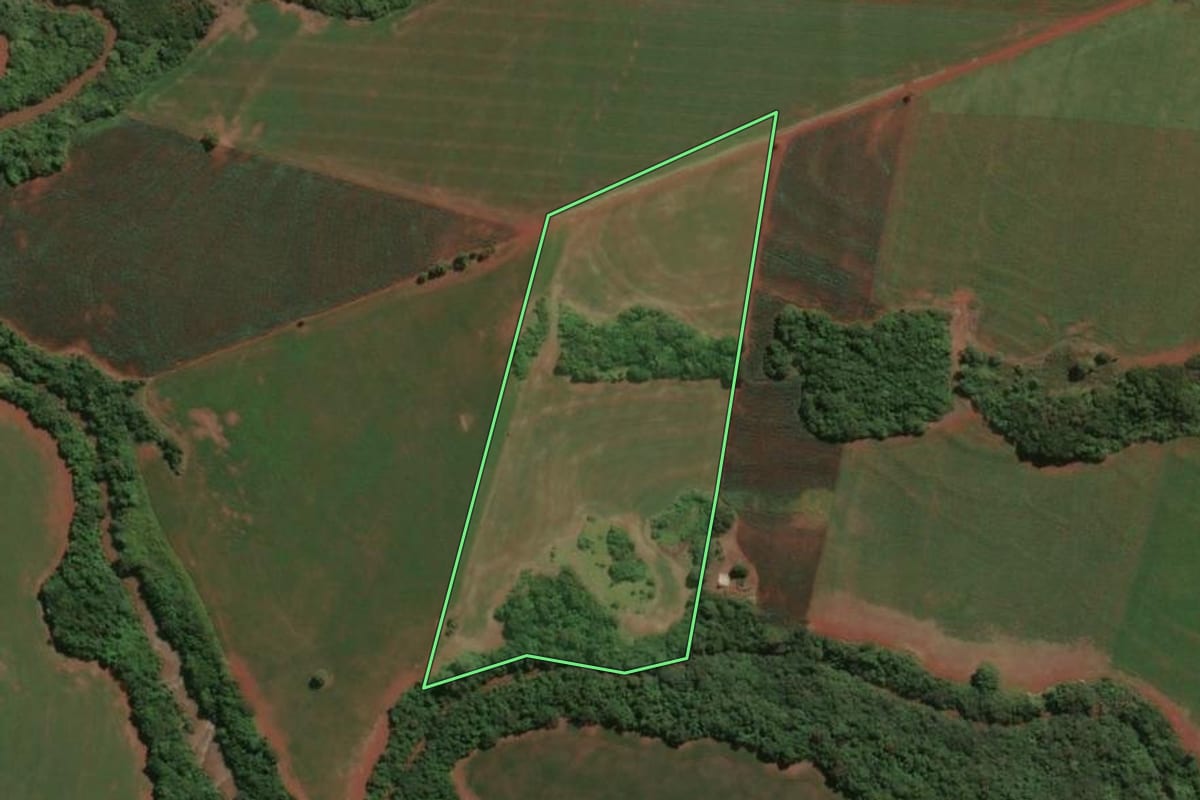 Imagem de satélite do imóvel rural em Assis Chateaubriand (PR), com o contorno declarado no CAR desenhado por cima.
