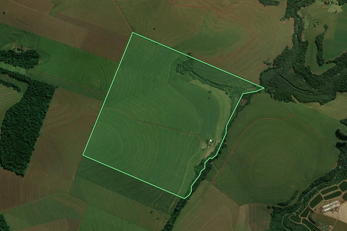 Imagem de satélite do imóvel rural em Assis Chateaubriand (PR), com o contorno declarado no CAR desenhado por cima.