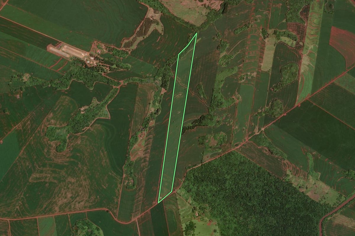 Imagem de satélite do imóvel rural em Assis Chateaubriand (PR), com o contorno declarado no CAR desenhado por cima.