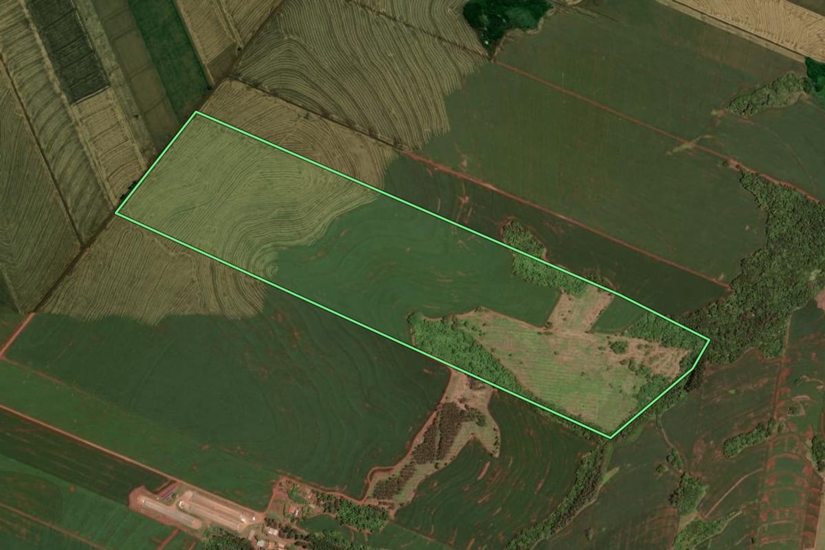 Imagem de satélite do imóvel rural em Assis Chateaubriand (PR), com o contorno declarado no CAR desenhado por cima.