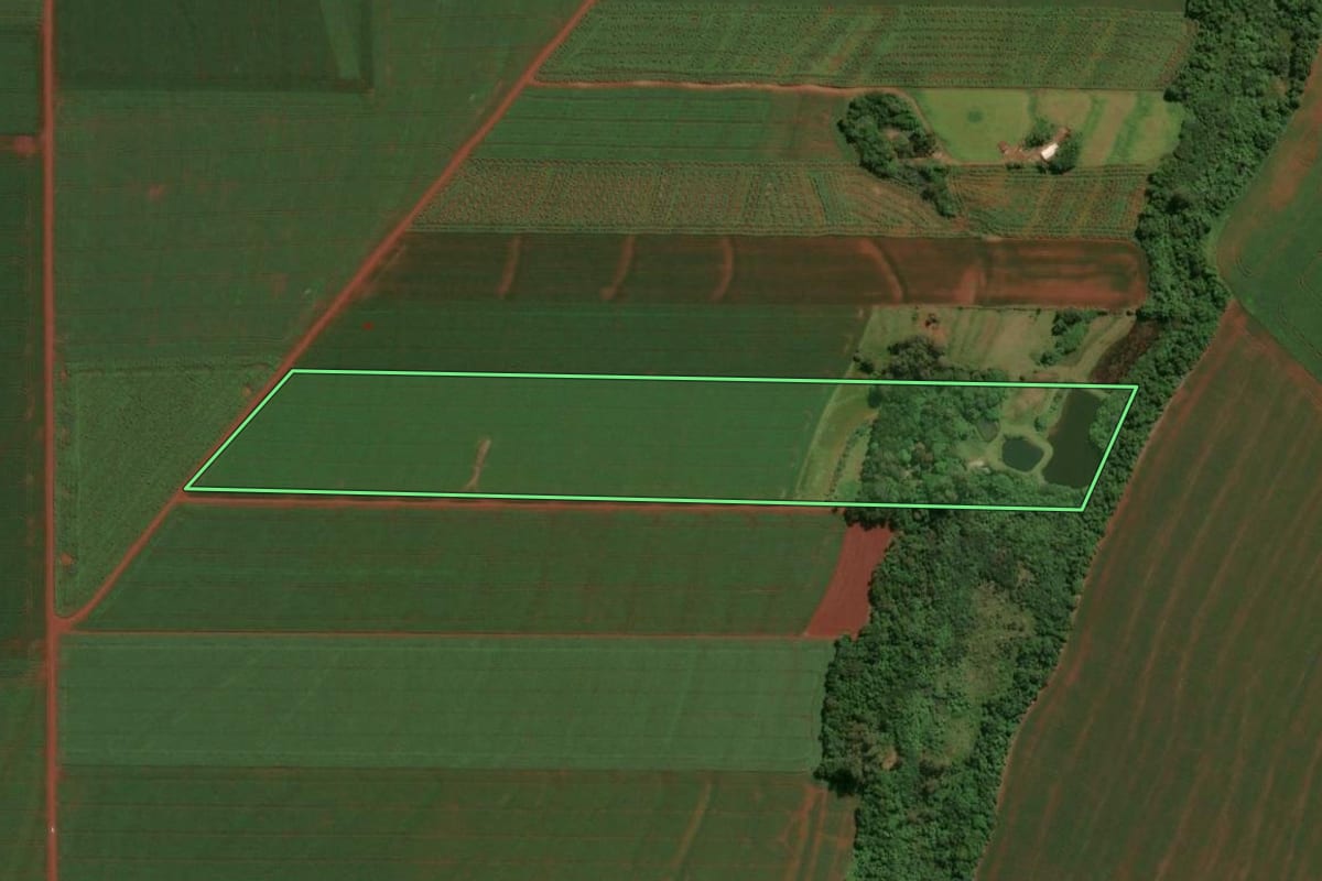 Imagem de satélite do imóvel rural em Assis Chateaubriand (PR), com o contorno declarado no CAR desenhado por cima.