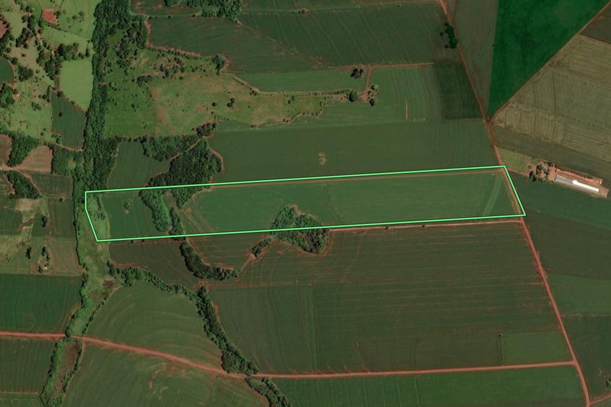 Imagem de satélite do imóvel rural em Assis Chateaubriand (PR), com o contorno declarado no CAR desenhado por cima.