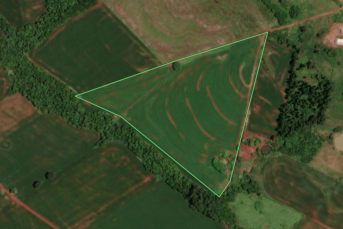 Imagem de satélite do imóvel rural em Assis Chateaubriand (PR), com o contorno declarado no CAR desenhado por cima.