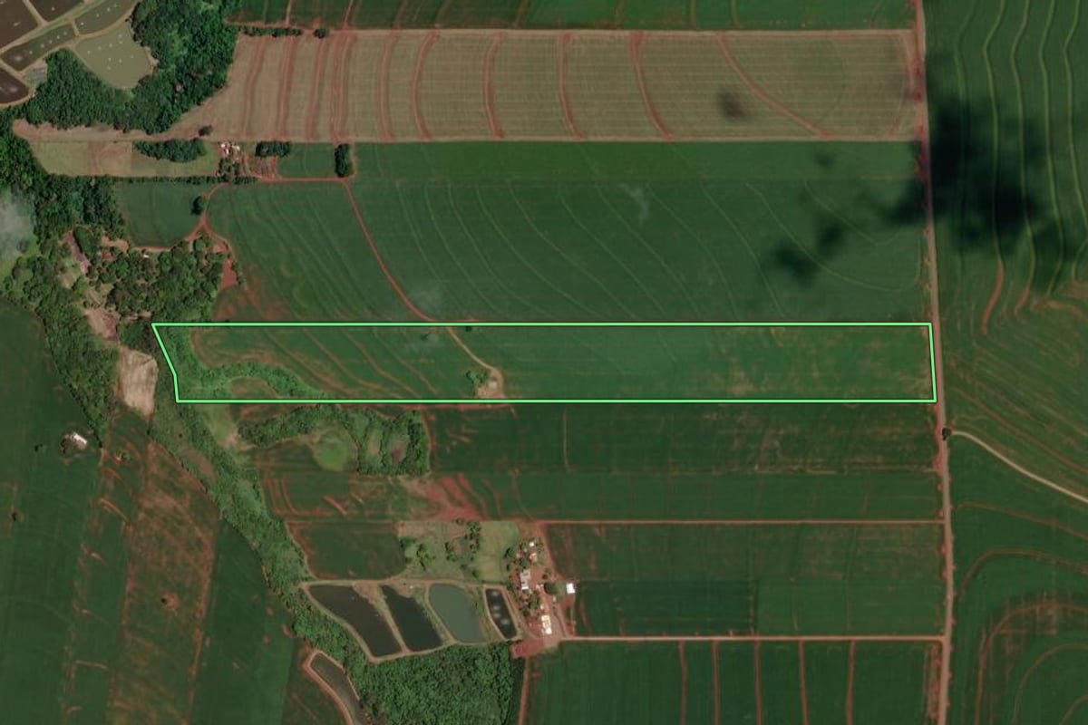 Imagem de satélite do imóvel rural em Assis Chateaubriand (PR), com o contorno declarado no CAR desenhado por cima.