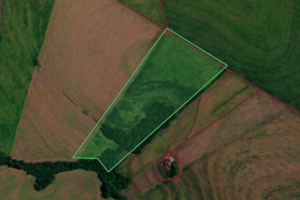 Imagem de satélite do imóvel rural em Assis Chateaubriand (PR), com o contorno declarado no CAR desenhado por cima.
