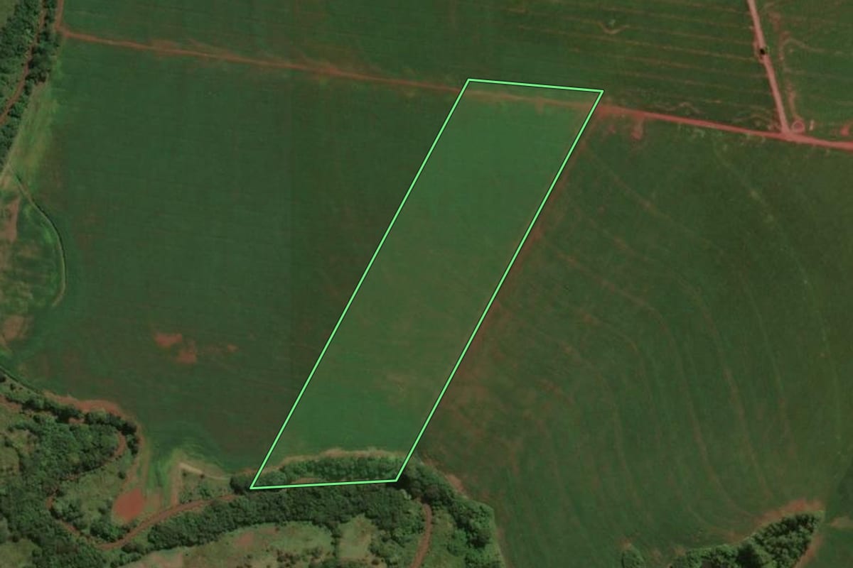 Imagem de satélite do imóvel rural em Assis Chateaubriand (PR), com o contorno declarado no CAR desenhado por cima.