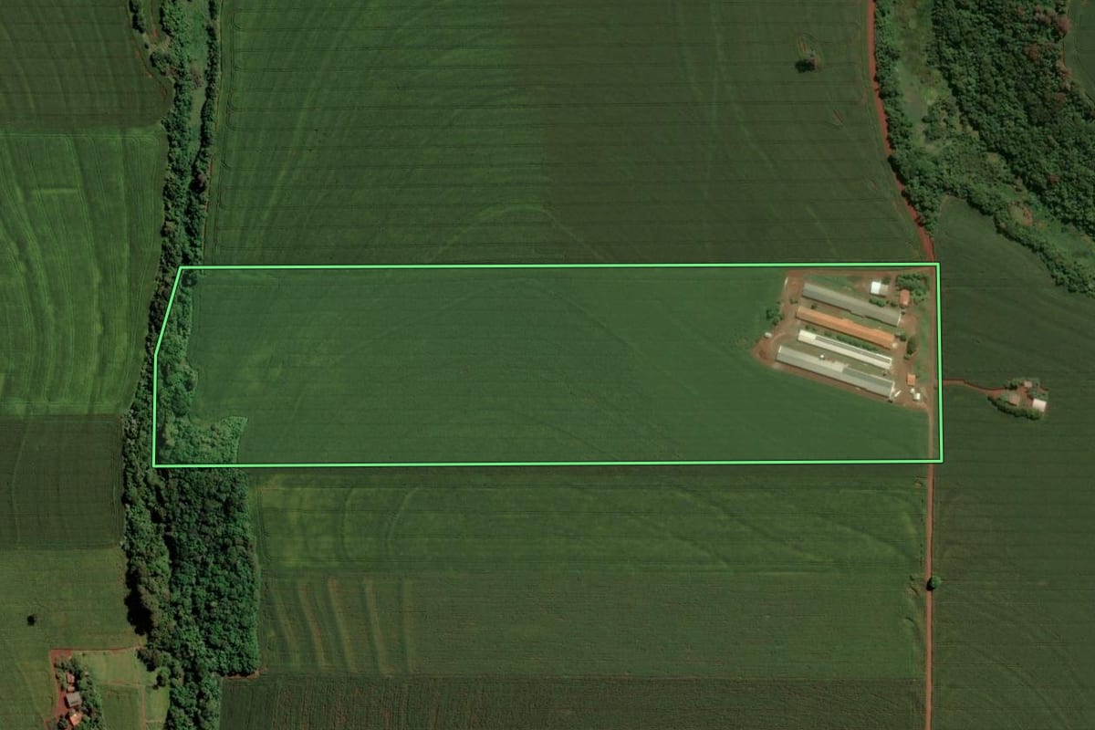 Imagem de satélite do imóvel rural em Assis Chateaubriand (PR), com o contorno declarado no CAR desenhado por cima.