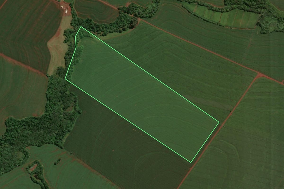 Imagem de satélite do imóvel rural em Assis Chateaubriand (PR), com o contorno declarado no CAR desenhado por cima.