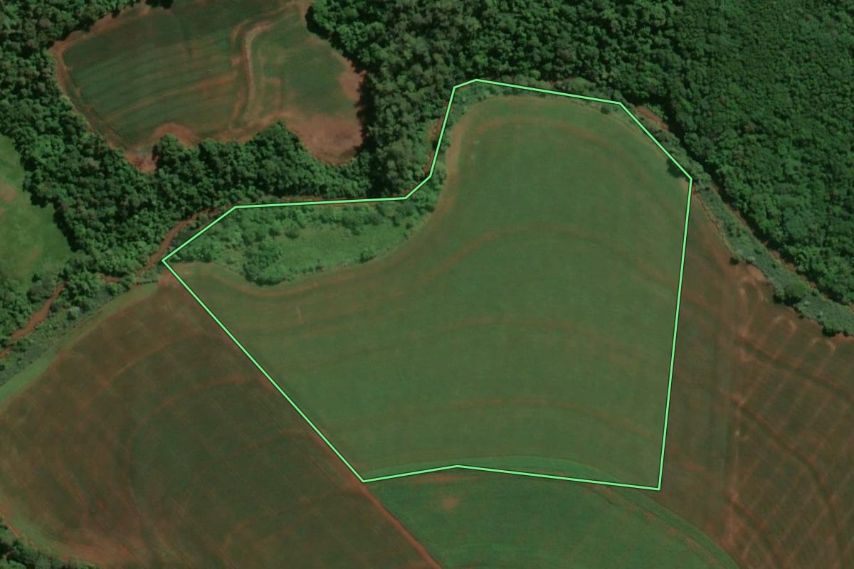 Imagem de satélite do imóvel rural em Assis Chateaubriand (PR), com o contorno declarado no CAR desenhado por cima.