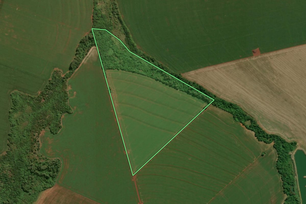 Imagem de satélite do imóvel rural em Assis Chateaubriand (PR), com o contorno declarado no CAR desenhado por cima.