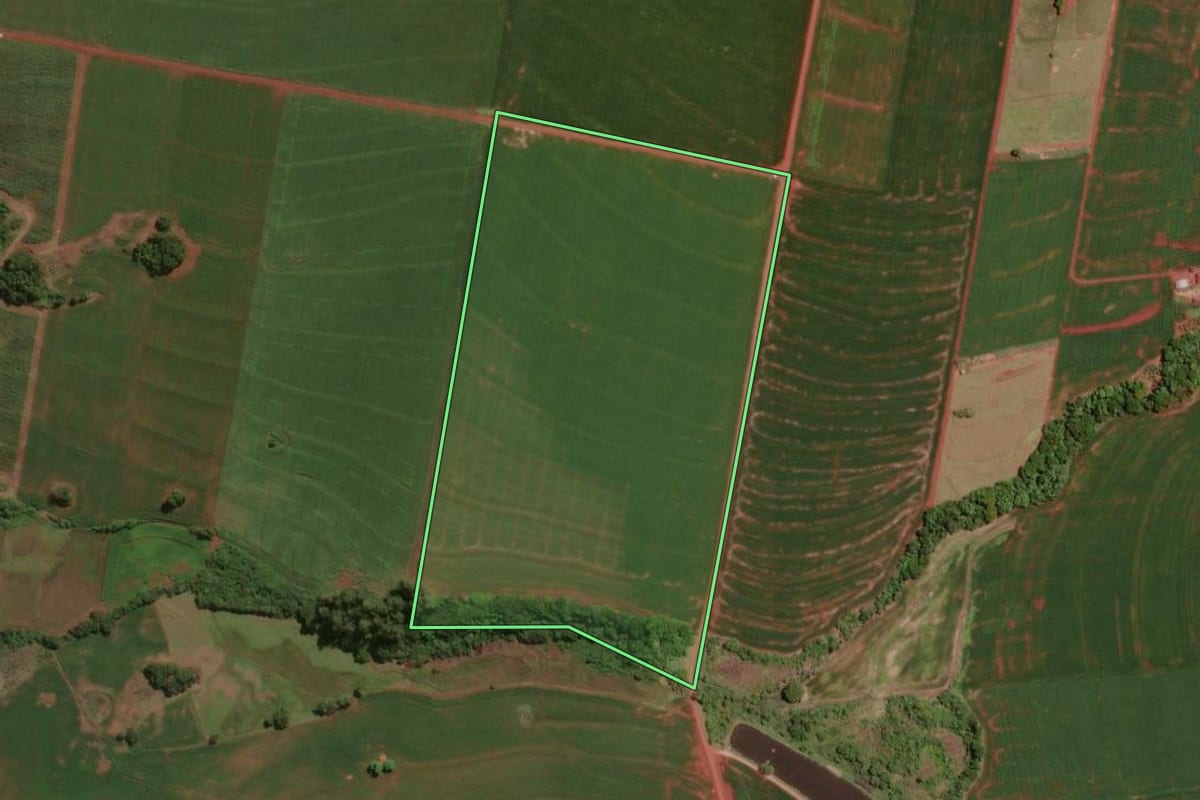 Imagem de satélite do imóvel rural em Assis Chateaubriand (PR), com o contorno declarado no CAR desenhado por cima.