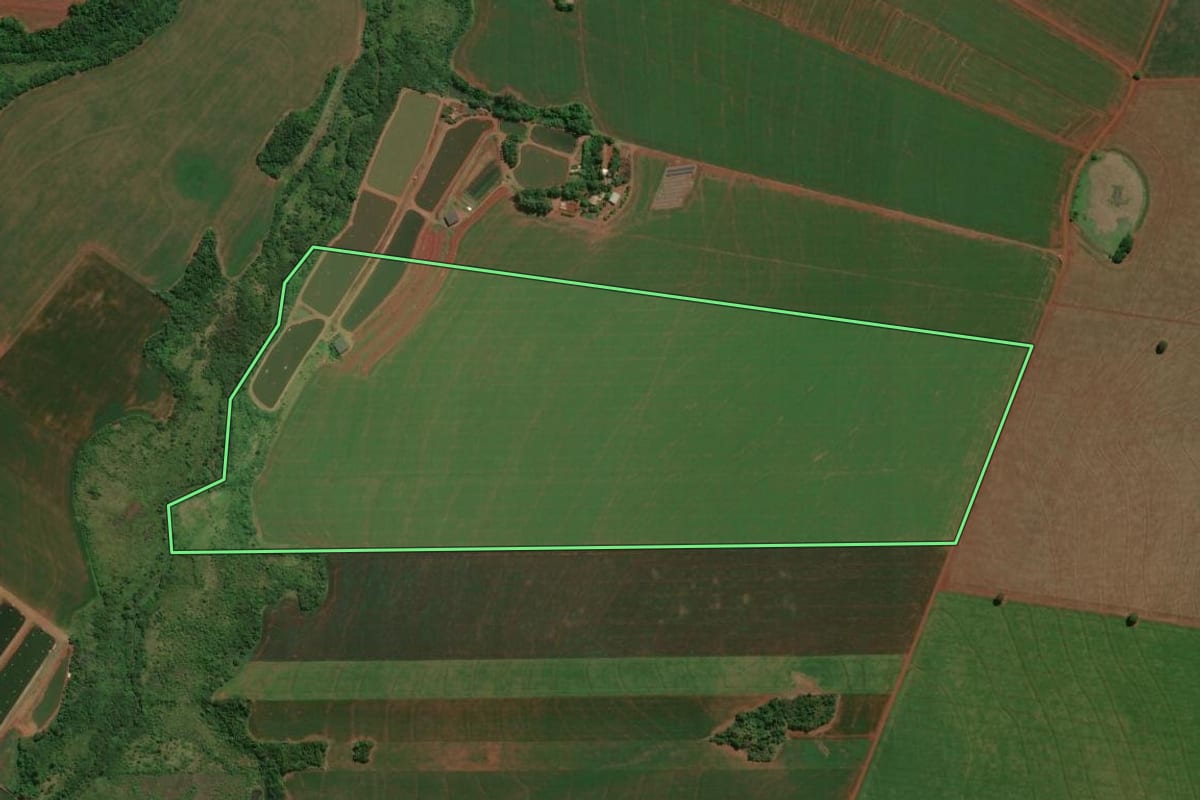 Imagem de satélite do imóvel rural em Assis Chateaubriand (PR), com o contorno declarado no CAR desenhado por cima.