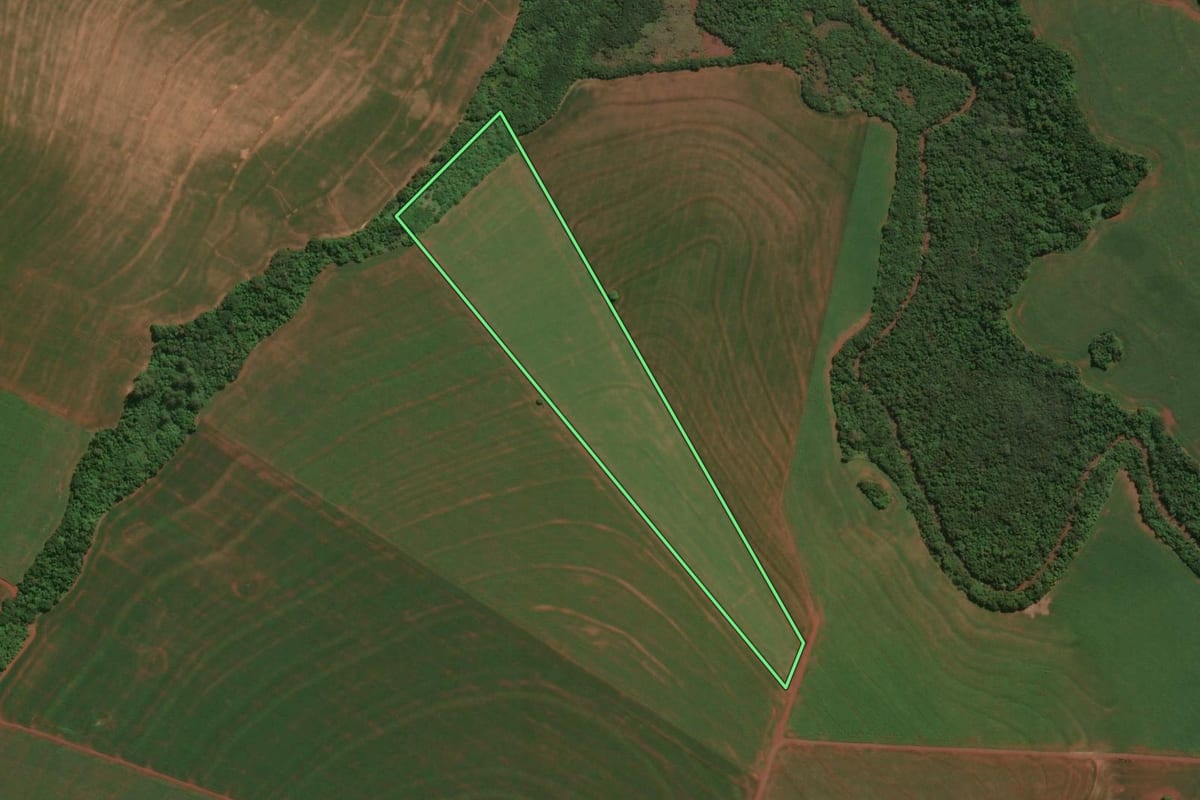 Imagem de satélite do imóvel rural em Assis Chateaubriand (PR), com o contorno declarado no CAR desenhado por cima.