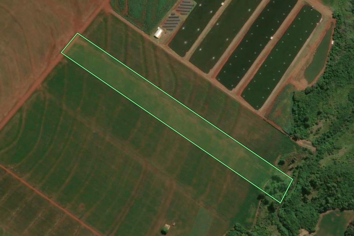 Imagem de satélite do imóvel rural em Assis Chateaubriand (PR), com o contorno declarado no CAR desenhado por cima.