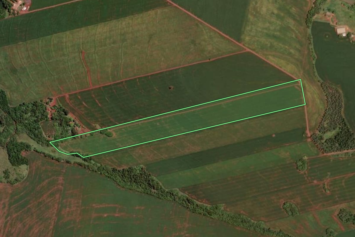 Imagem de satélite do imóvel rural em Assis Chateaubriand (PR), com o contorno declarado no CAR desenhado por cima.