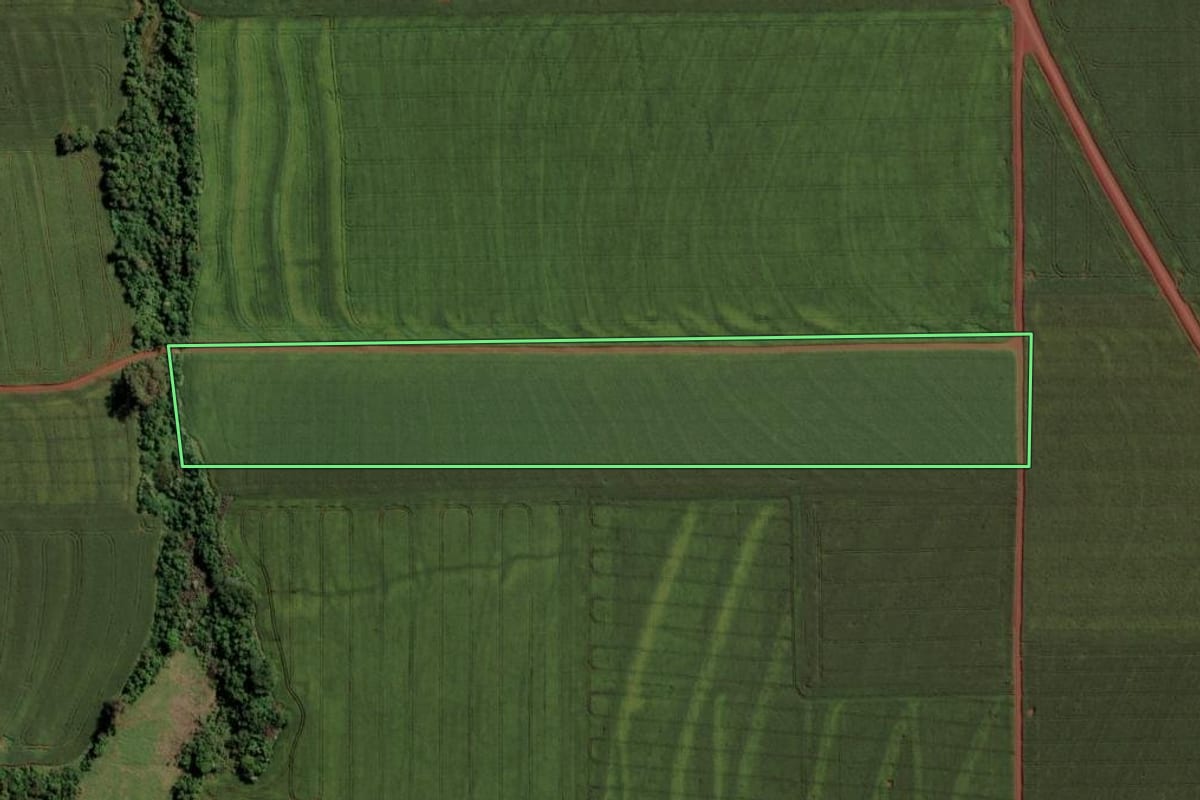 Imagem de satélite do imóvel rural em Assis Chateaubriand (PR), com o contorno declarado no CAR desenhado por cima.