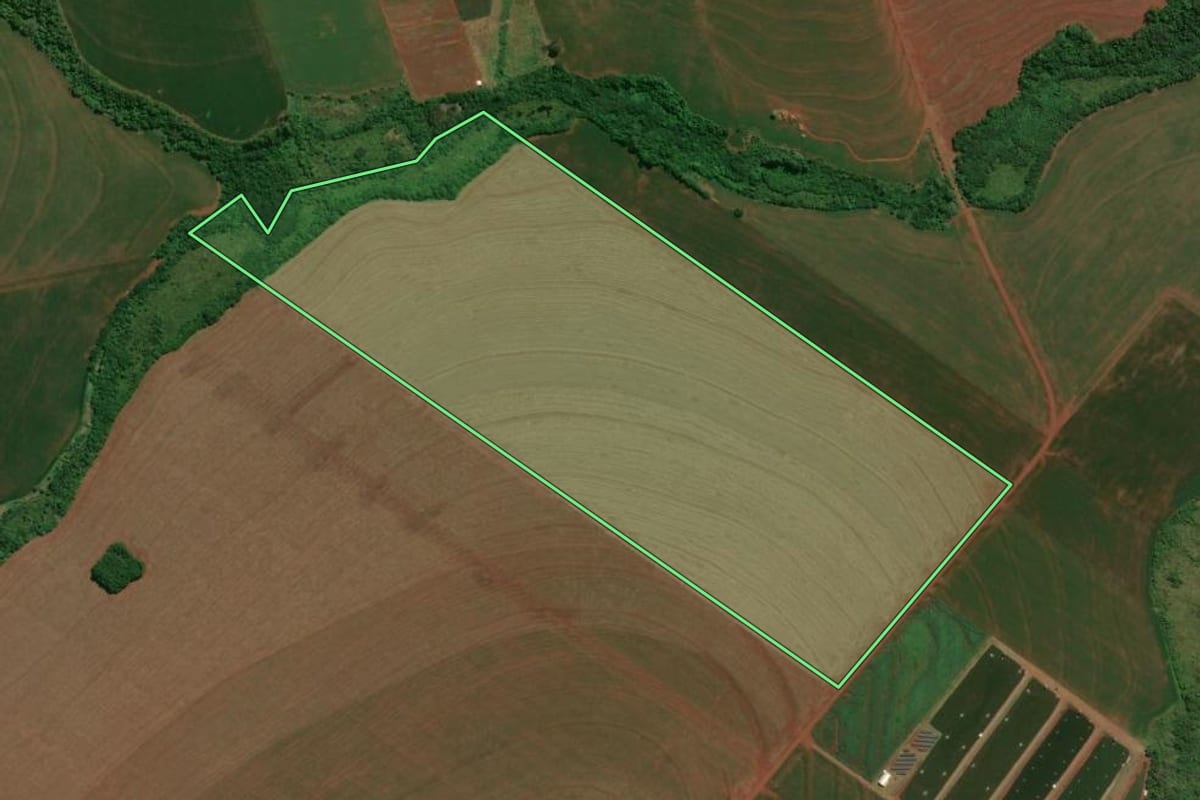 Imagem de satélite do imóvel rural em Assis Chateaubriand (PR), com o contorno declarado no CAR desenhado por cima.
