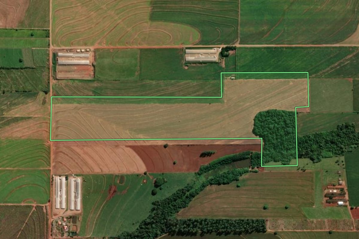 Imagem de satélite do imóvel rural em Astorga (PR), com o contorno declarado no CAR desenhado por cima.
