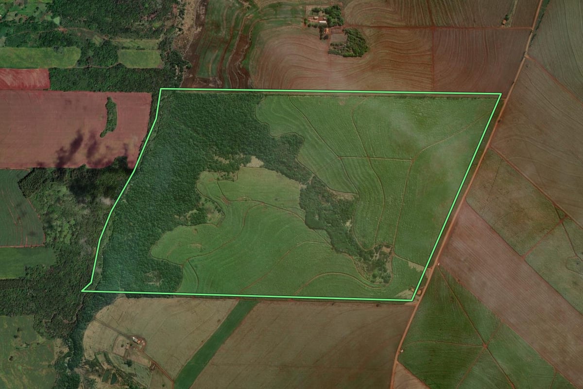 Imagem de satélite do imóvel rural em Astorga (PR), com o contorno declarado no CAR desenhado por cima.