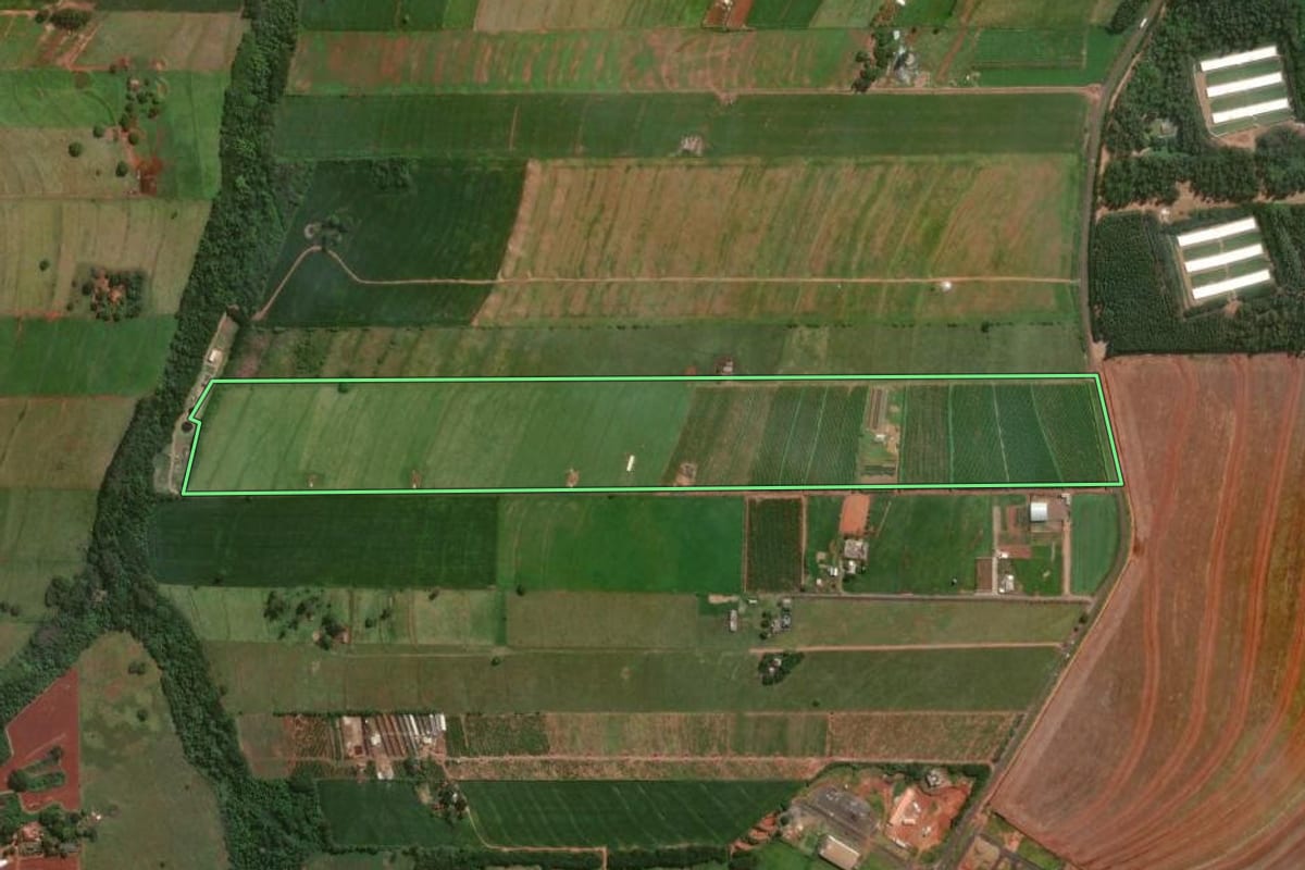 Imagem de satélite do imóvel rural em Astorga (PR), com o contorno declarado no CAR desenhado por cima.