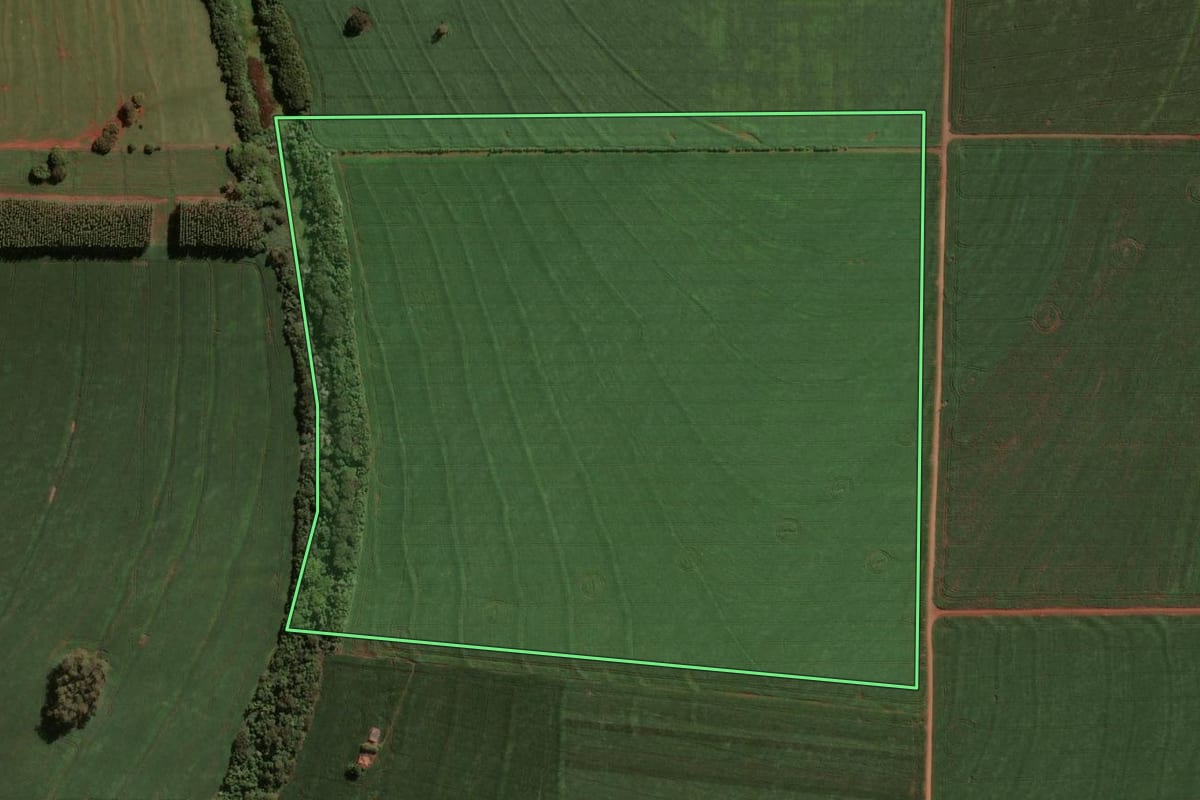 Imagem de satélite do imóvel rural em Astorga (PR), com o contorno declarado no CAR desenhado por cima.