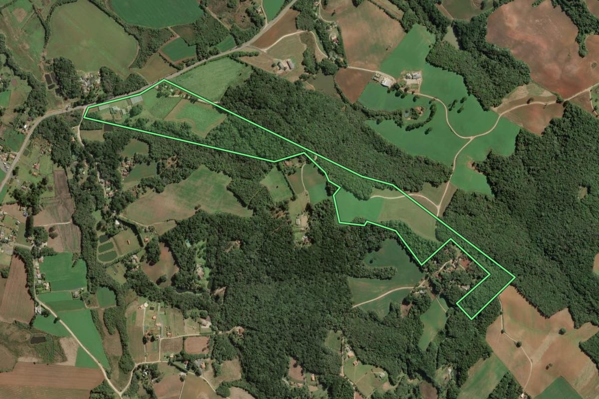 Imagem de satélite do imóvel rural em Balsa Nova (PR), com o contorno declarado no CAR desenhado por cima.