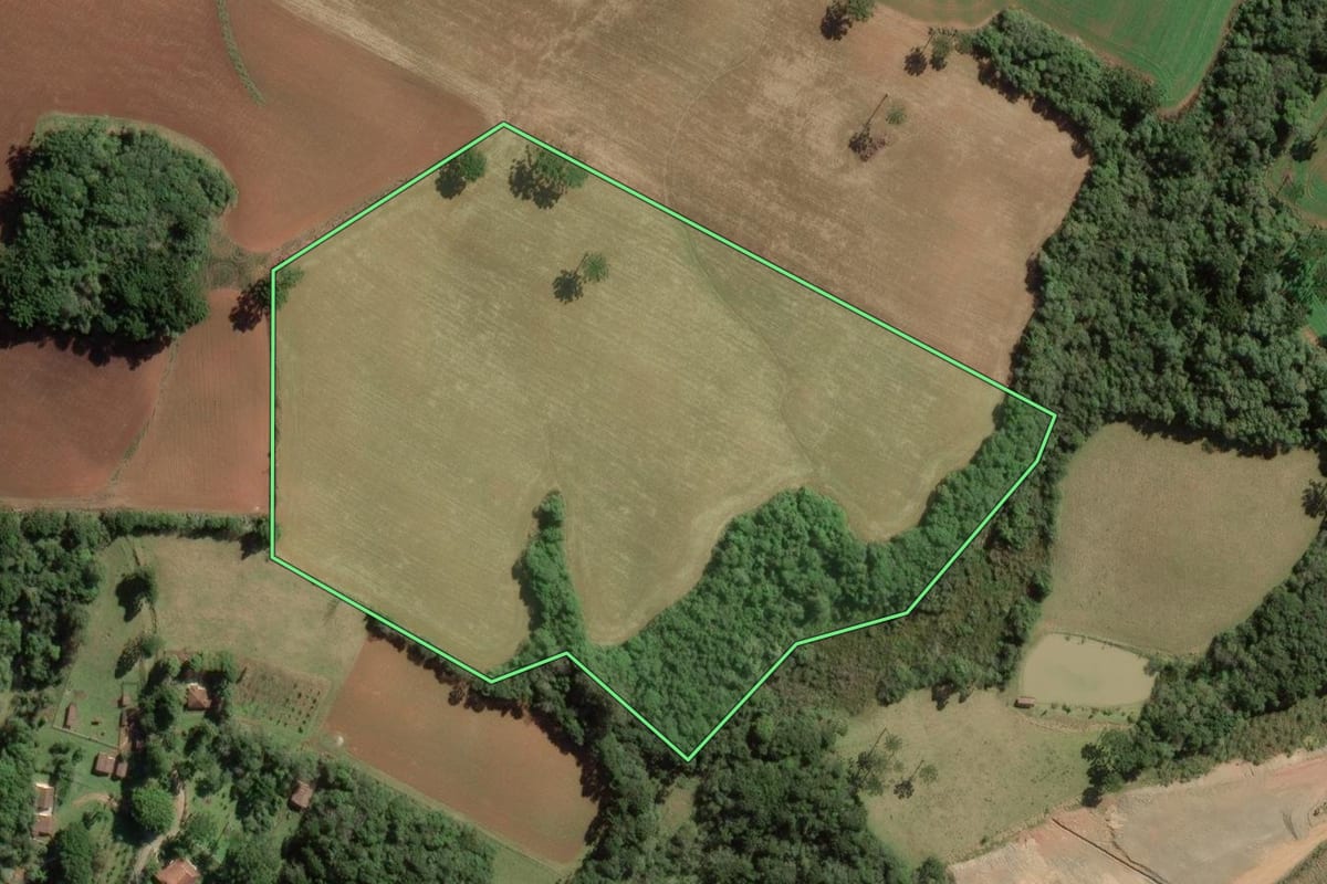 Imagem de satélite do imóvel rural em Balsa Nova (PR), com o contorno declarado no CAR desenhado por cima.