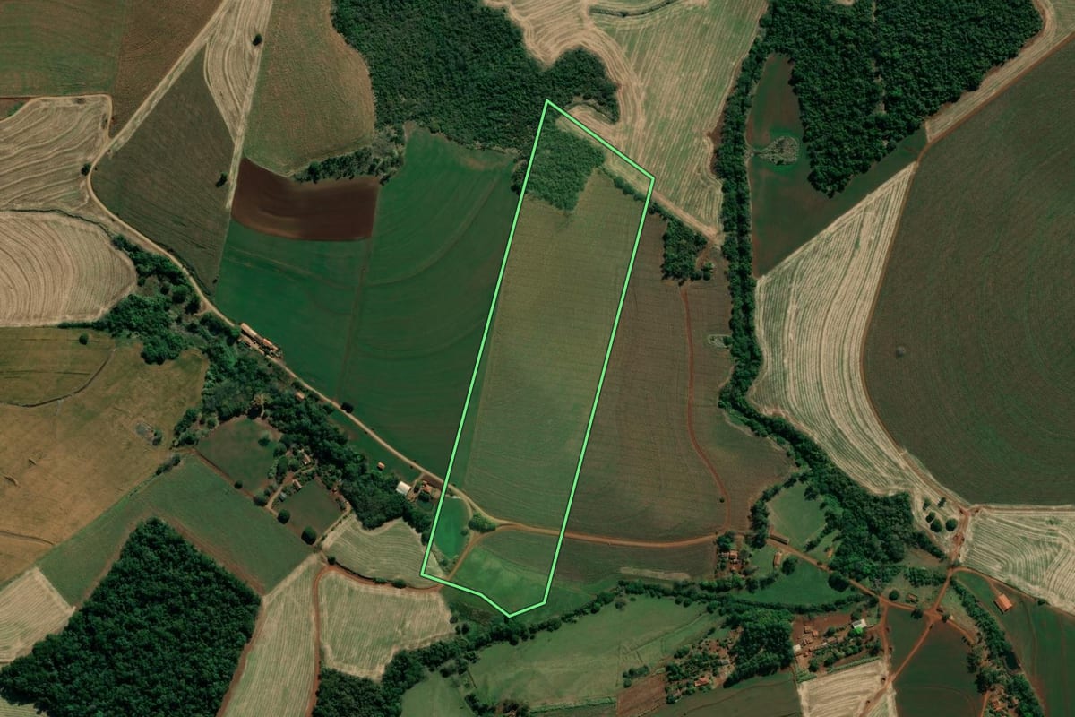 Imagem de satélite do imóvel rural em Bandeirantes (PR), com o contorno declarado no CAR desenhado por cima.