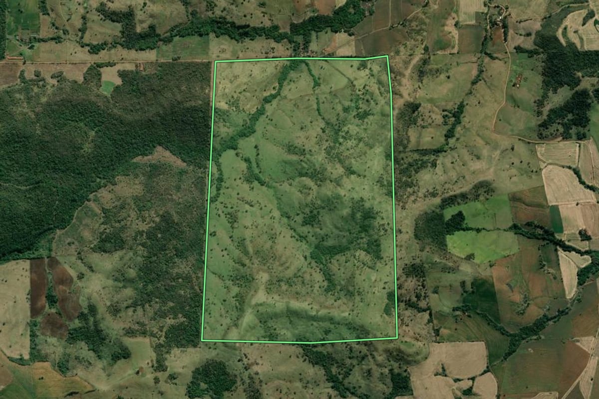 Imagem de satélite do imóvel rural em Bandeirantes (PR), com o contorno declarado no CAR desenhado por cima.