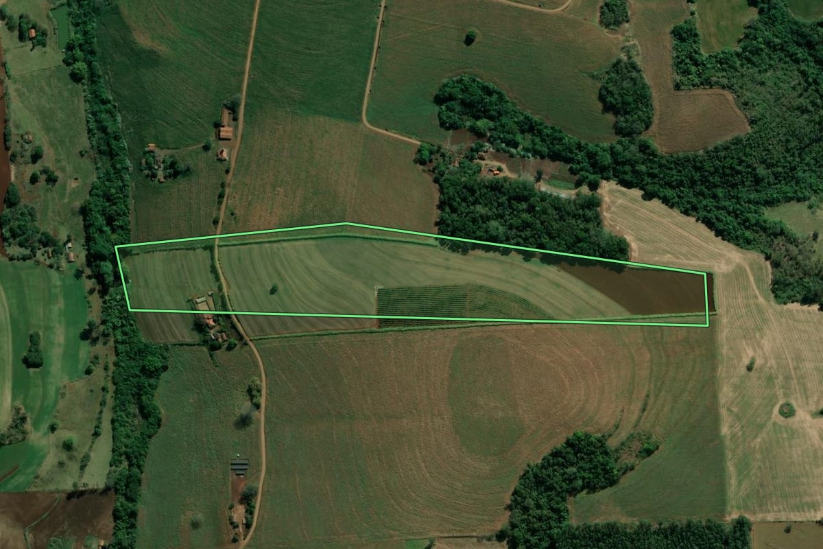 Imagem de satélite do imóvel rural em Bandeirantes (PR), com o contorno declarado no CAR desenhado por cima.