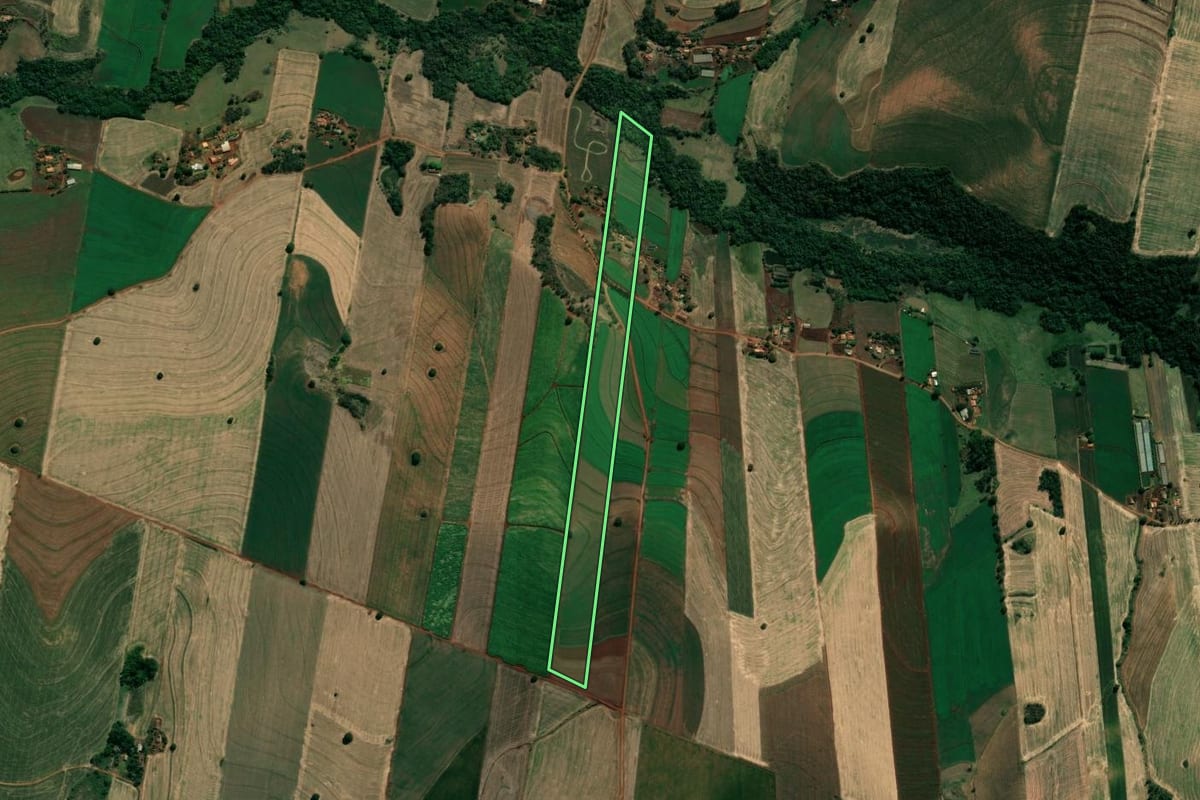 Imagem de satélite do imóvel rural em Bandeirantes (PR), com o contorno declarado no CAR desenhado por cima.