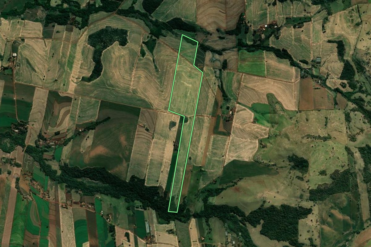 Imagem de satélite do imóvel rural em Bandeirantes (PR), com o contorno declarado no CAR desenhado por cima.