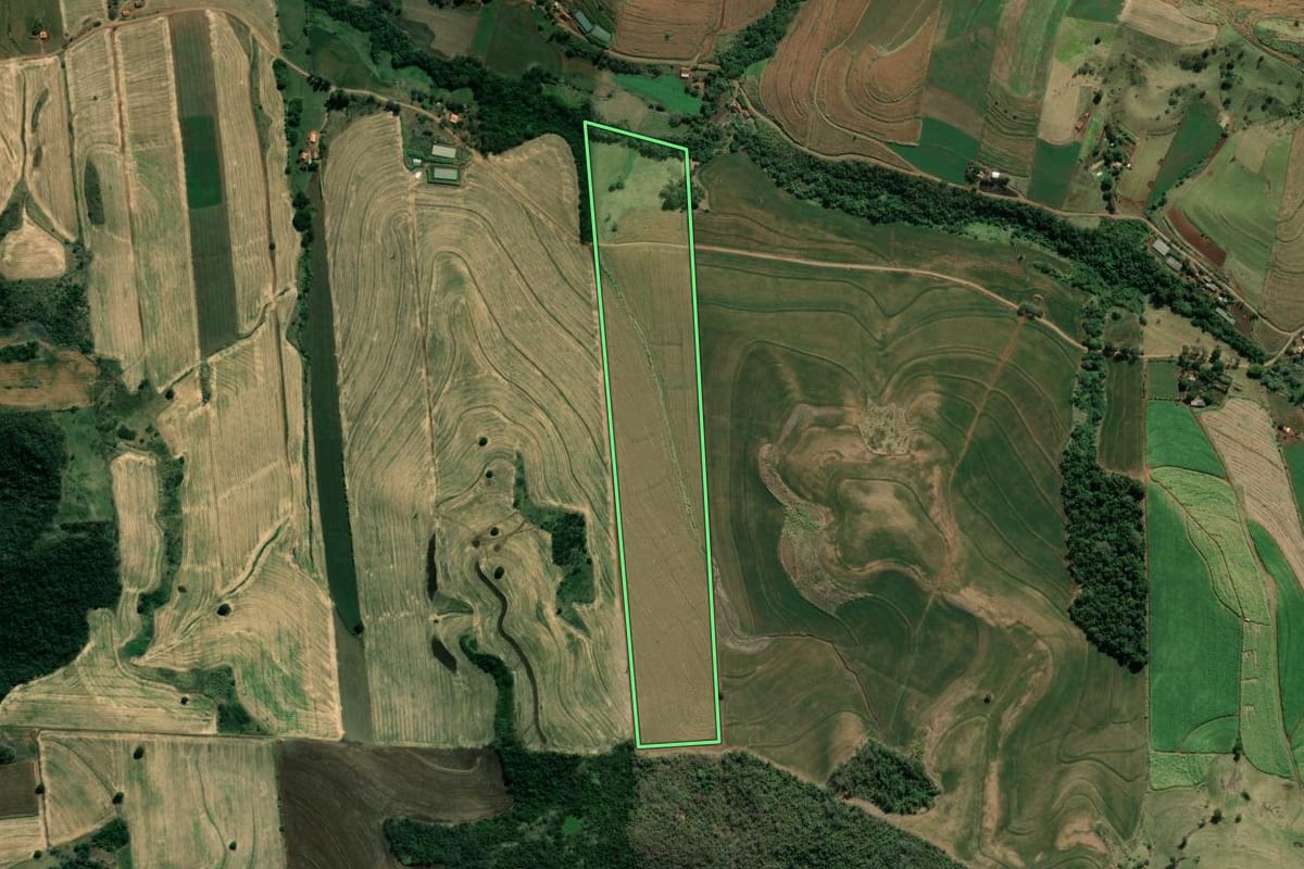 Imagem de satélite do imóvel rural em Bandeirantes (PR), com o contorno declarado no CAR desenhado por cima.