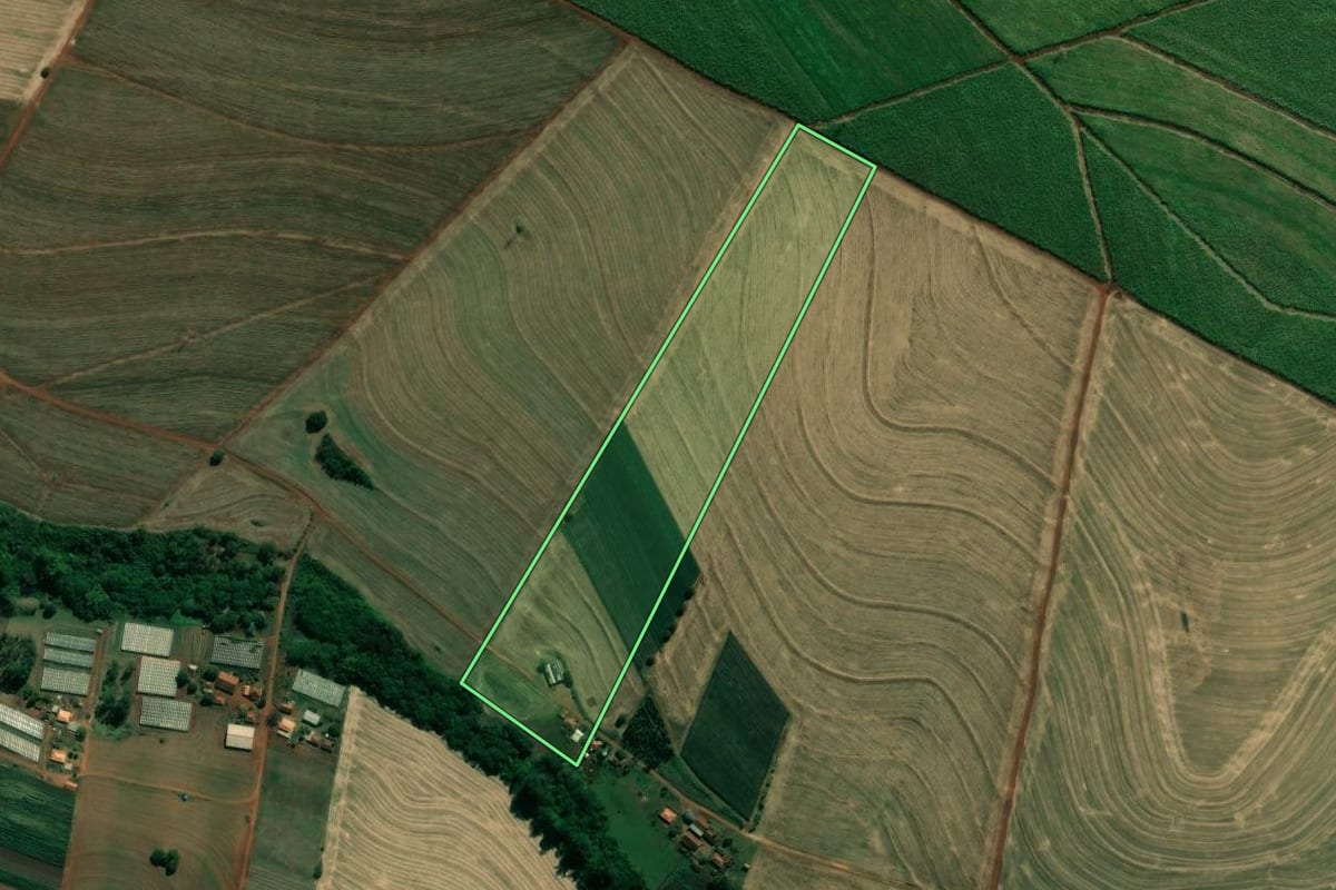Imagem de satélite do imóvel rural em Bandeirantes (PR), com o contorno declarado no CAR desenhado por cima.