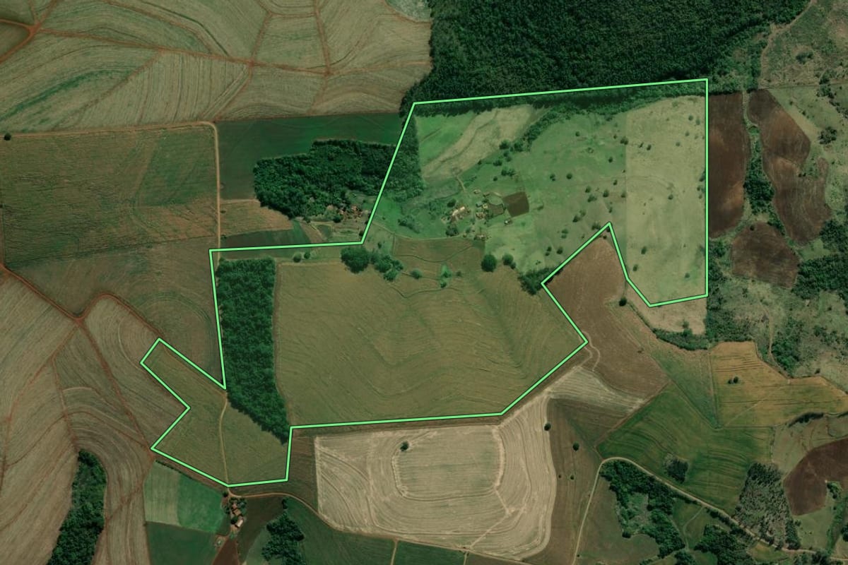 Imagem de satélite do imóvel rural em Bandeirantes (PR), com o contorno declarado no CAR desenhado por cima.