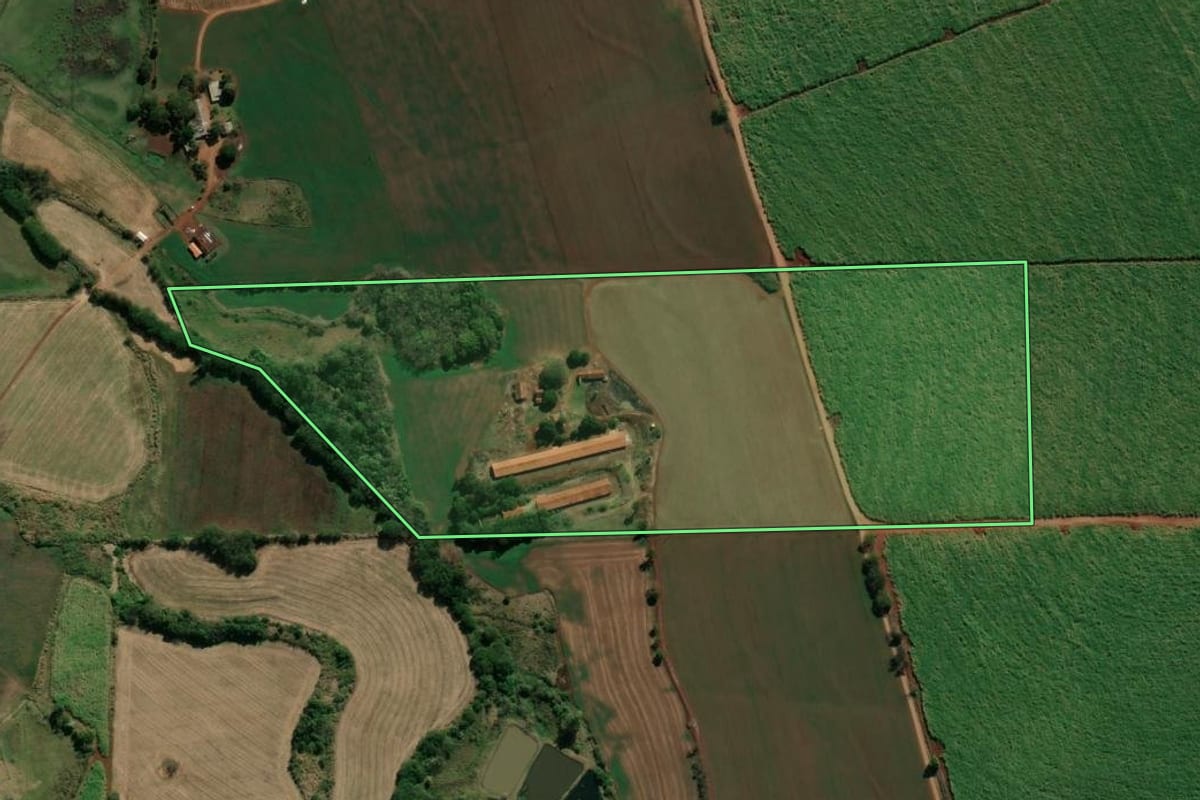 Imagem de satélite do imóvel rural em Bandeirantes (PR), com o contorno declarado no CAR desenhado por cima.