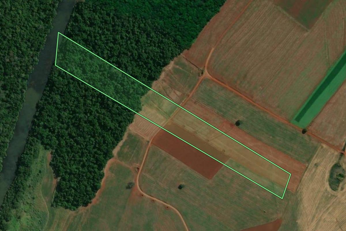 Imagem de satélite do imóvel rural em Bandeirantes (PR), com o contorno declarado no CAR desenhado por cima.