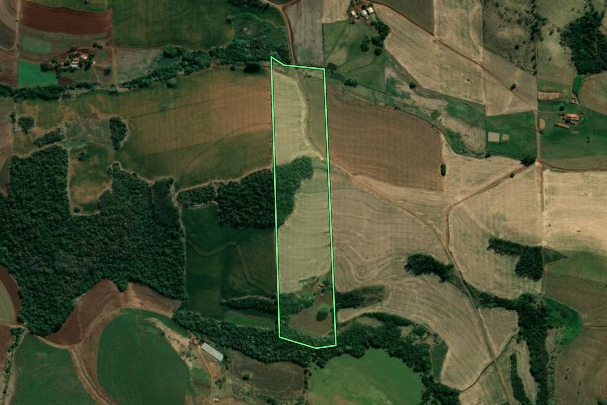 Imagem de satélite do imóvel rural em Bandeirantes (PR), com o contorno declarado no CAR desenhado por cima.