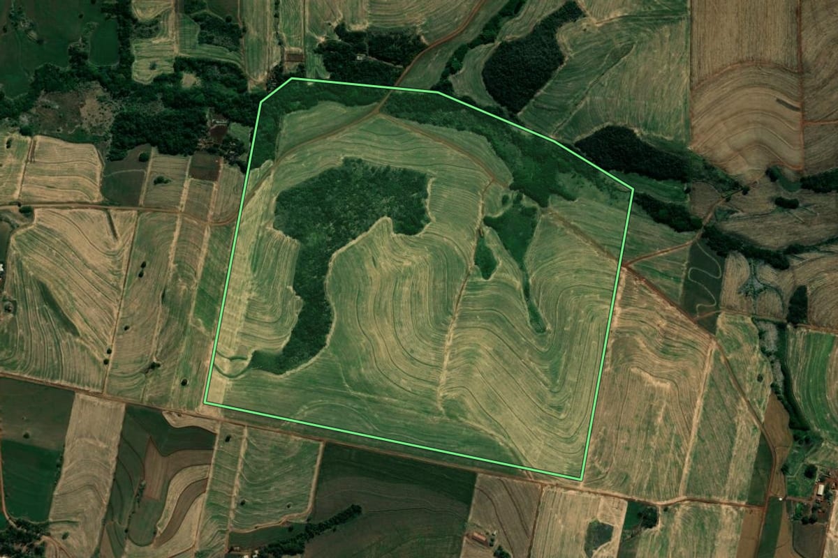 Imagem de satélite do imóvel rural em Bandeirantes (PR), com o contorno declarado no CAR desenhado por cima.