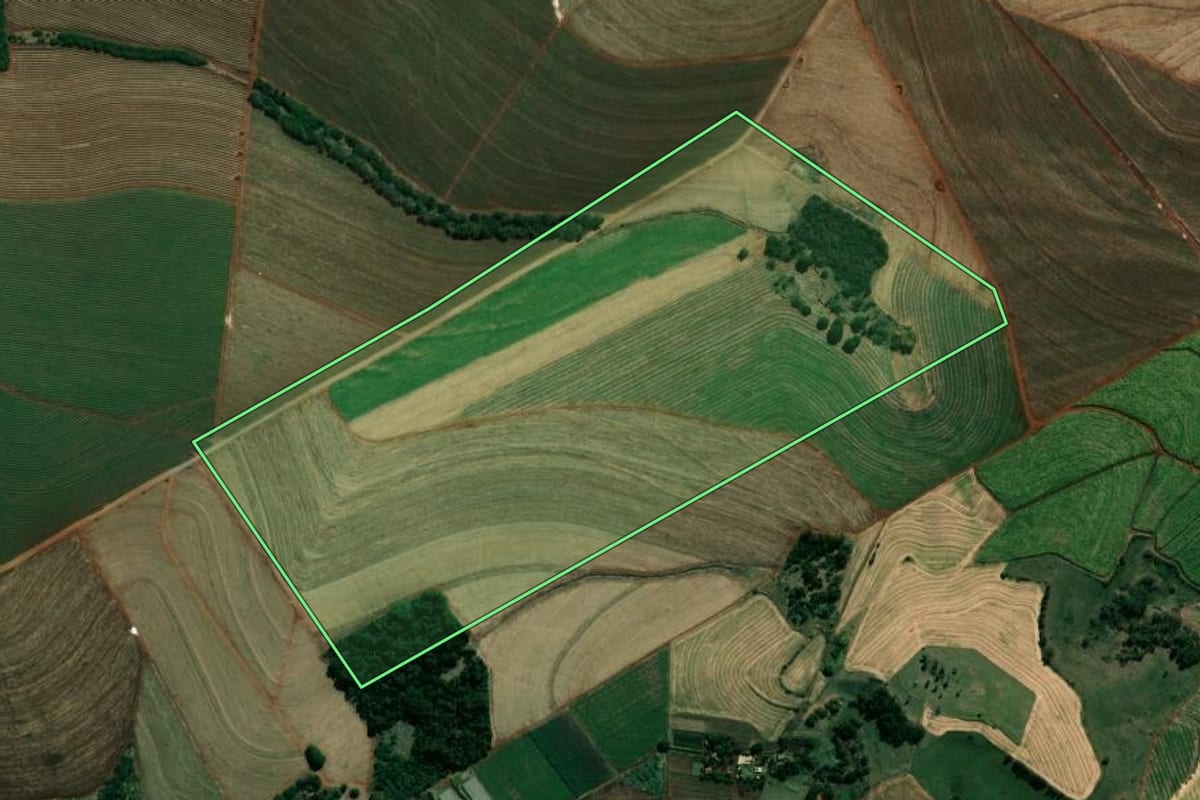 Imagem de satélite do imóvel rural em Bandeirantes (PR), com o contorno declarado no CAR desenhado por cima.